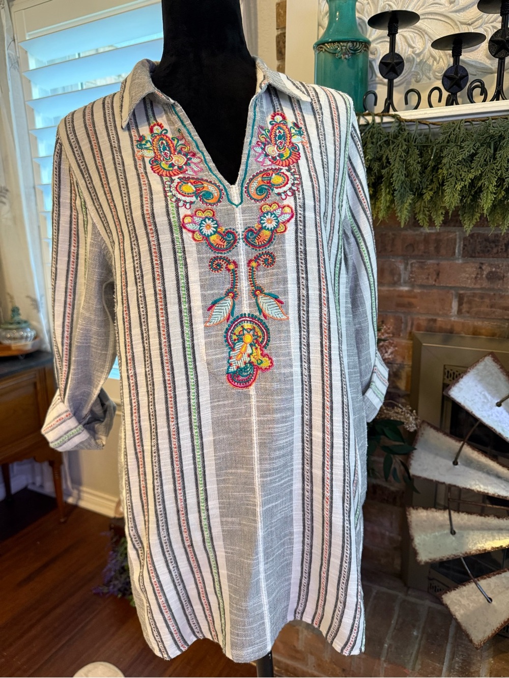 Soft Surroundings Med Embroidered Striped Cotton Tunic Coastal Western Boho Arts